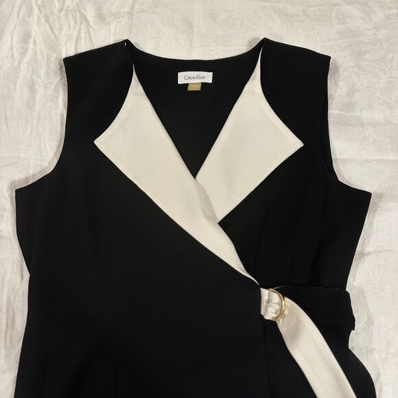 Calvin Klein Sleeveless Wrap Office Dress | Black & White Gold Accent | Size 12 - Picture 7 of 16